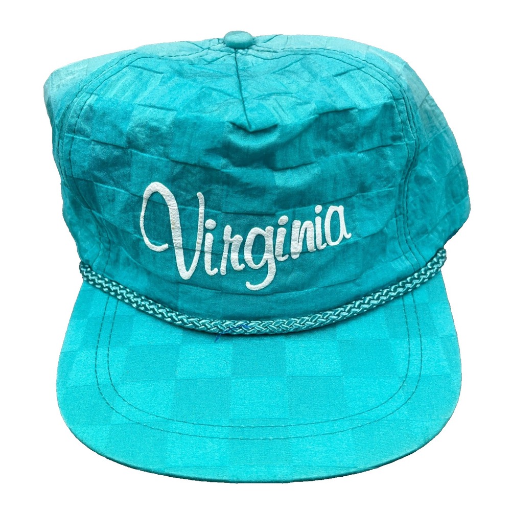 Vintage Virginia Trucker Hat Cap Strap Back Teal Nylon 90s Checkered Golf Faded